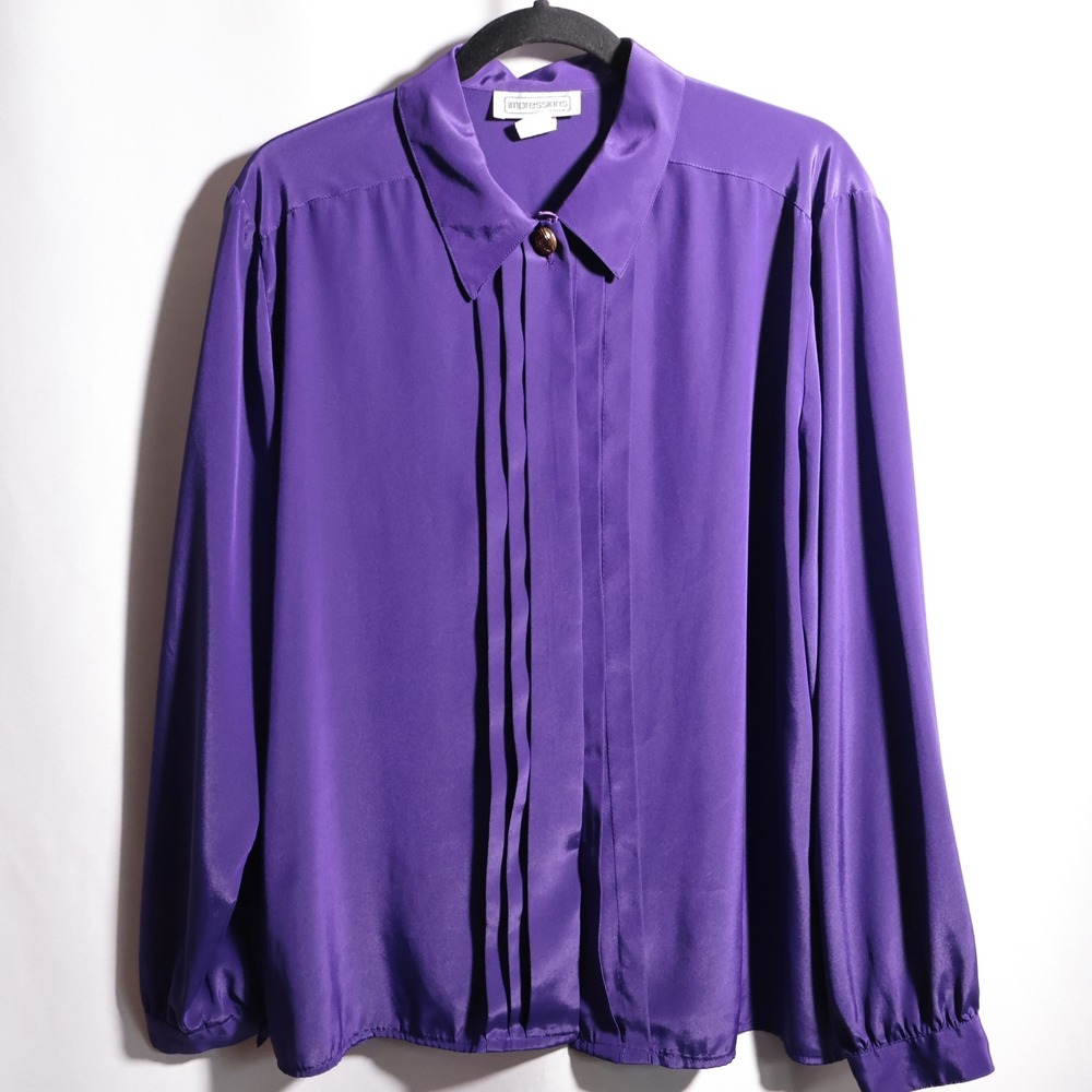 VTG Purple Satin Gold Buttons Pleated Blouse 16‎ Jewel Tone Glamoratti Secretary